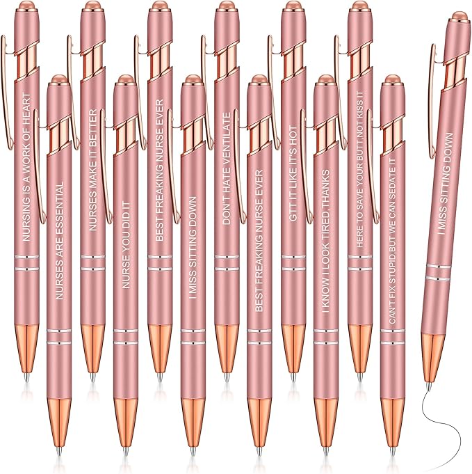 Zonon 12 Pcs Inspirational Pens Bulk Funny Ballpoint Pen with Stylus Tip Motivational Gifts for Valentine's Day Teacher Coworkers Nurse School Office Supplies(Rose Gold,Nurse Style)