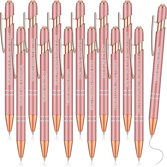 Zonon 12 Pcs Inspirational Pens Bulk Funny Ballpoint Pen with Stylus Tip Motivational Gifts for Valentine's Day Teacher Coworkers Nurse School Office Supplies(Rose Gold,Nurse Style)