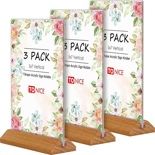 TONICE® 3 Pack 5x7 Acrylic Sign Holder T Shape Clear Acrylic Double Sided Frames with Wood Base Table Menu Display Stand Flyer Display (Optional 8.5x11/5x7 Inch L/T Shape)