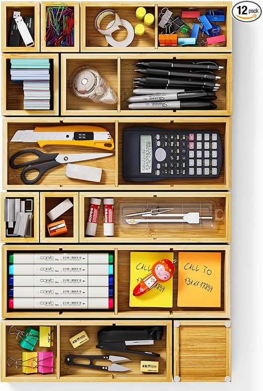 VA1KENE 12-Piece Bamboo Desk Drawer Organizer Set – Adjustable Storage Boxes with 24 Compartments, Non-Slip, Modular Design for Office, Jewelry, Vanity, and Kitchen Utensil Drawer Storage