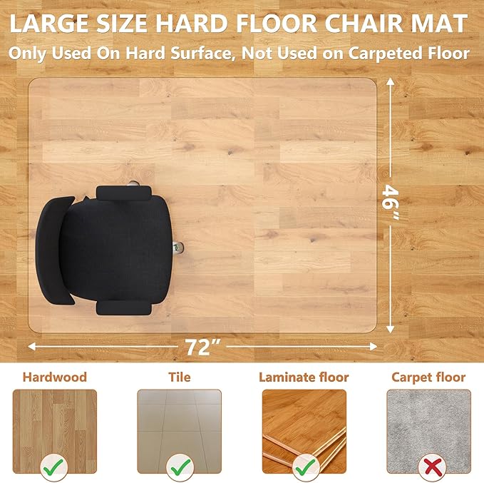 HOMEK Large Office Chair Mat for Hardwood Floor- 46" x 72" Clear Computer Desk Chair Mat for Hard Wood/Tile Floors, Easy Glide Plastic Mat for Under Office Chairs on Hardwood for Work & Home