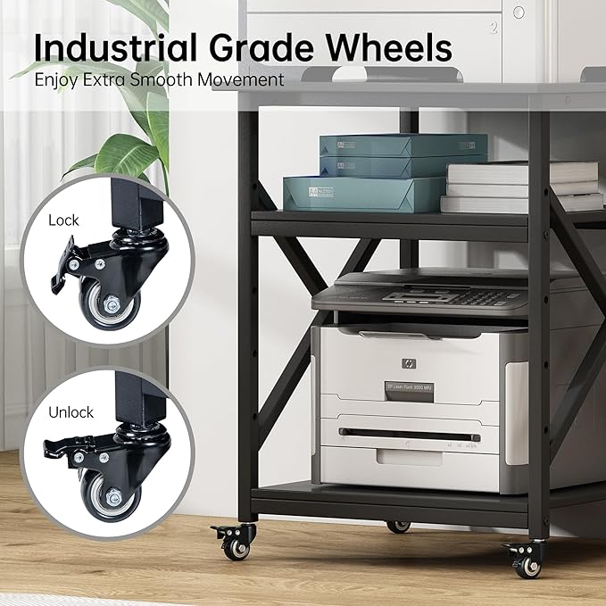 Fannova Printer Stand, 23.6 x 23.6 x 30.1 Inches Large Square Printer Table with Height Adjustable Storage Shelf, 3 Tier Rolling Printer Cart with Industrial Wheels for Home Office - Black