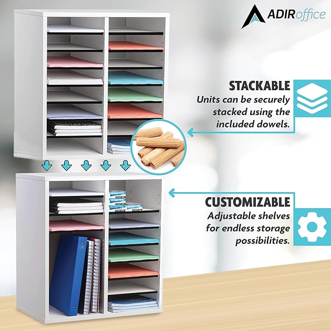 AdirOffice Wooden Adjustable organizerserature Organizer, 16 Compartment Office Mailbox, or Classroom Literature Organizer, White