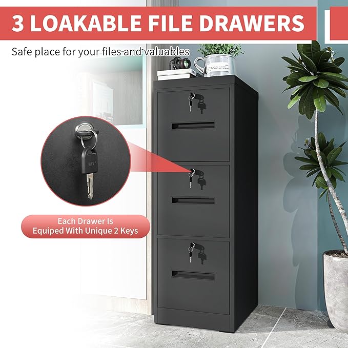 OPTYMIRA 3 Drawer Metal File Cabinet with 3 Unique Locks Heavy Duty Locking File Cabinets Home Office Steel Filing Cabinet Vertical File Cabinets for Legal/Letter Size File,Assembly Required