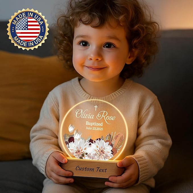 7GEEFT Personalized Baby Gifts for Kids, Custom Flower Acrylic Sign Plaque with Name Night Light for Boys Girls, Baby Shower Newborn Baptism Christening Gifts, Children's Bedroom Nursery Room Decor