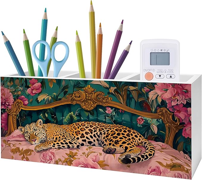 Exqcom Trendy Retro Leopard Pen Pencil Holder, Leopard Print Gifts for Women, Eclectic Maximalist Sleeping Cheetah Pencil Pen Holder Organizer for Home Office Desk Accessories