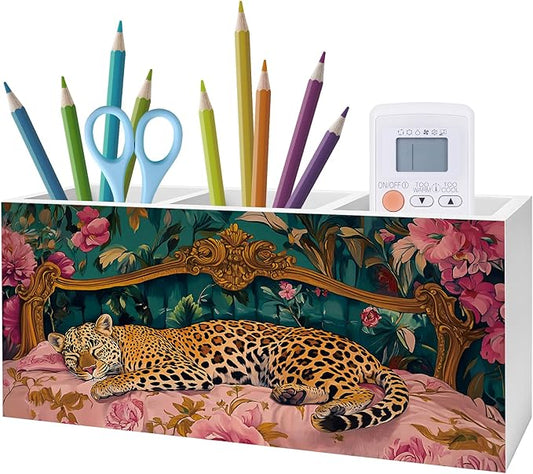 Exqcom Trendy Retro Leopard Pen Pencil Holder, Leopard Print Gifts for Women, Eclectic Maximalist Sleeping Cheetah Pencil Pen Holder Organizer for Home Office Desk Accessories
