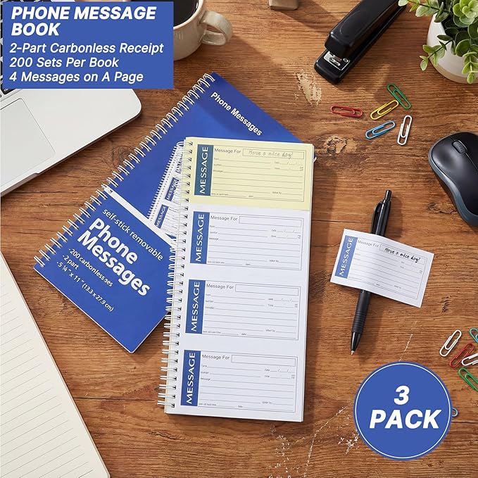 YooNotee 3 Pack Sticky Phone Message Book with Carbon Copy 2-Part Self Stick Message Pads Carbonless Spiral Phone Pad for Business Office Desk While You Were Out