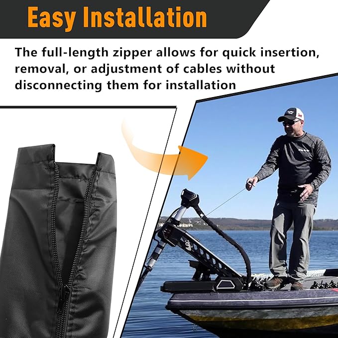 48 Inch Zippered Rigging Sleeve | Heavy Duty 600D Waterproof Marine Cable Organizer for Trolling Motor, Control Cables, Fuel Lines & Wires | Black with Cable Tie