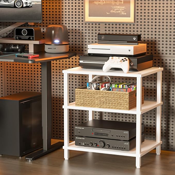 LELELINKY 3-Tier AV Media Player Stand Set of 2, White Stereo Cabinet, Wooden TV Stand,Game Console Shelf, Multifunctional Entertainment Center, Suitable for Home, Conference Room, Game Studio
