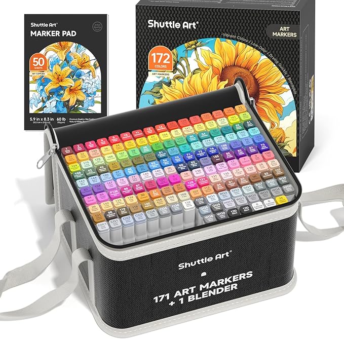 Shuttle Art 172 Colors Dual Tip Alcohol Based Art Markers,171 Colors plus 1 Blender Permanent Marker 1 Marker Pad with Case Perfect for Kids Adult Coloring Books Sketching and Card Making