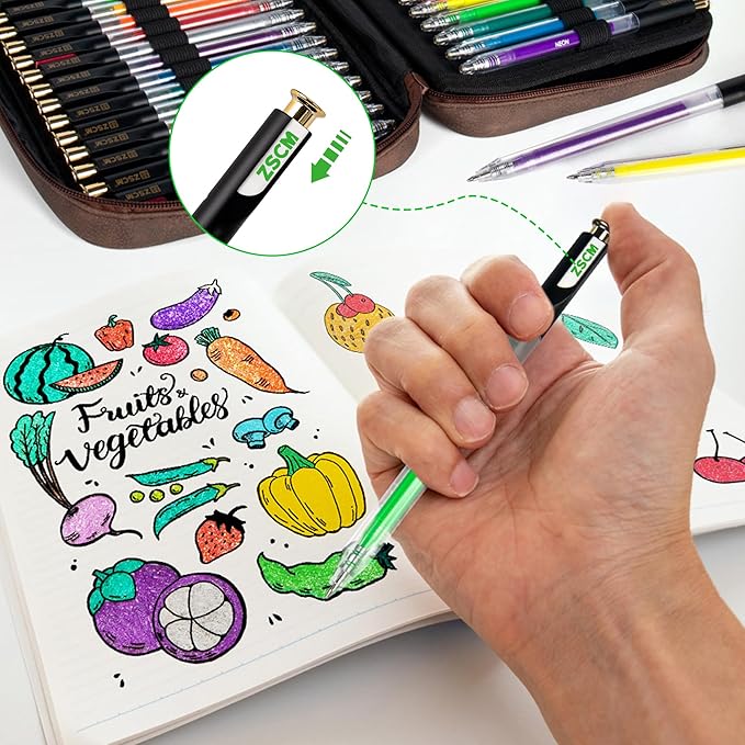 ZSCM Retractable Gel Pen For Adult Coloring, 60 Colors Large Capacity Multicolor Gel Ink Pens, 1 mm Fine Point Smooth Writing Color Pen for Adult Coloring Book Note Taking Aesthetic Art Supplies