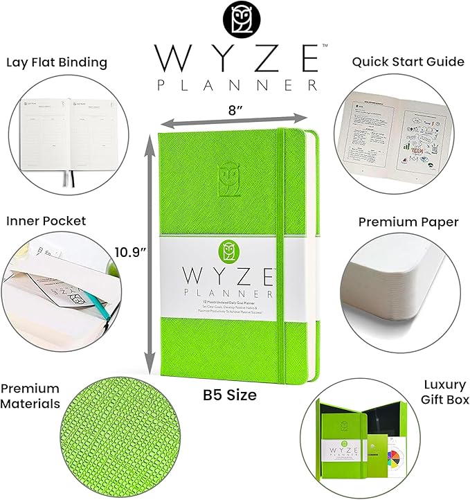Wyze Planner Undated Daily Planner – 1-Year B5 Productivity Organizer with Two-Page Weekly Spread, Goal Setting, Habit Tracker, Weekly & Monthly Pages – Hardcover Time Management Notebook (Lime Green)