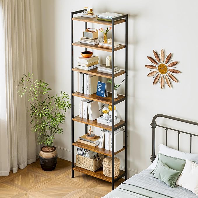 Casaottima Book Shelf, 7 Tier Tall Bookshelf, Modern Wood Bookcase Shelves for Bedroom, Industrial Display Shelf for Living Room Home Office Kitchen, Standing Shelving Unit Storage Organizer, Vintage