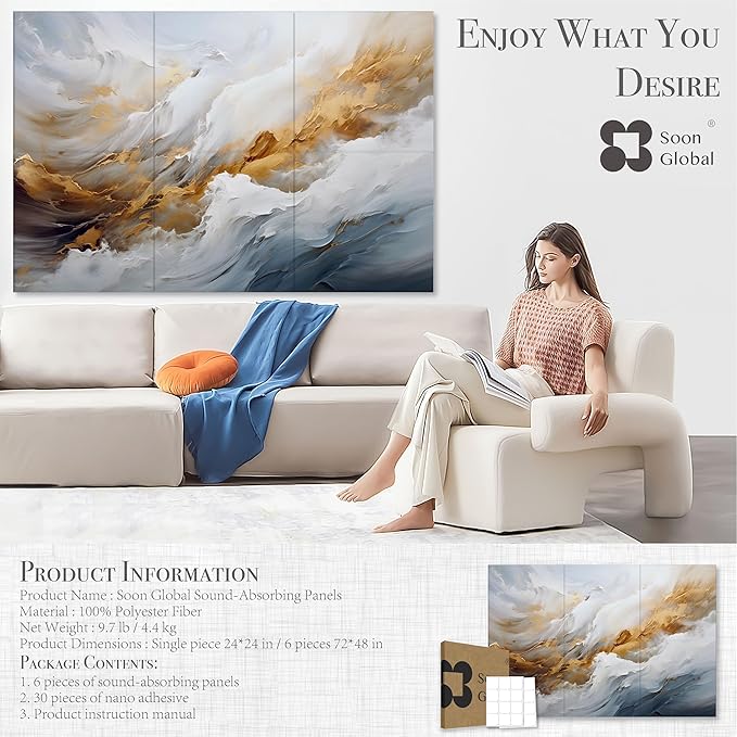 Soon Global Acoustical Wall Panels, 72 X 48 Inches Art Acoustic Panels, Decorative Acoustic Panels, Acoustic Wall Panels, Sound Absorbing Wall Art, Whispers of Serenity