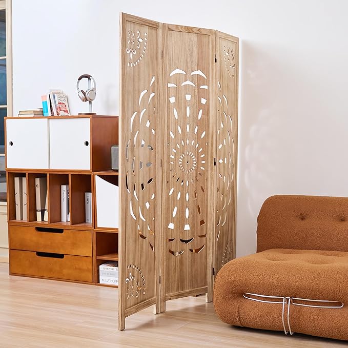 66.9Inch Wooden Room Partition - 3 Panels Boho-Styled Space Room Divider for Home/Office, Headboard & Yoga/Photo/Video Call Backdrop (Natural)