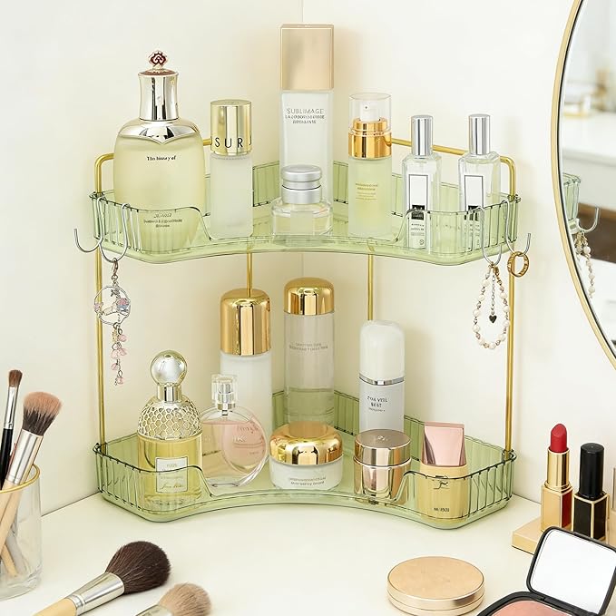 Trdongxu 2-Tier Corner Bathroom Organizer Countertop with Hooks, Bathroom Sink Corner Vanity Storage for Makeup, Skincare and Perfume (Green Gold)