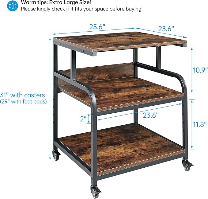 Fannova 23.6" Deep Extra Large Printer Stand, 3 Tier Printer Table with Adjustable Storage Shelf, Rolling Printer Cart with Industrial Wheels for Home Office, Rustic Brown