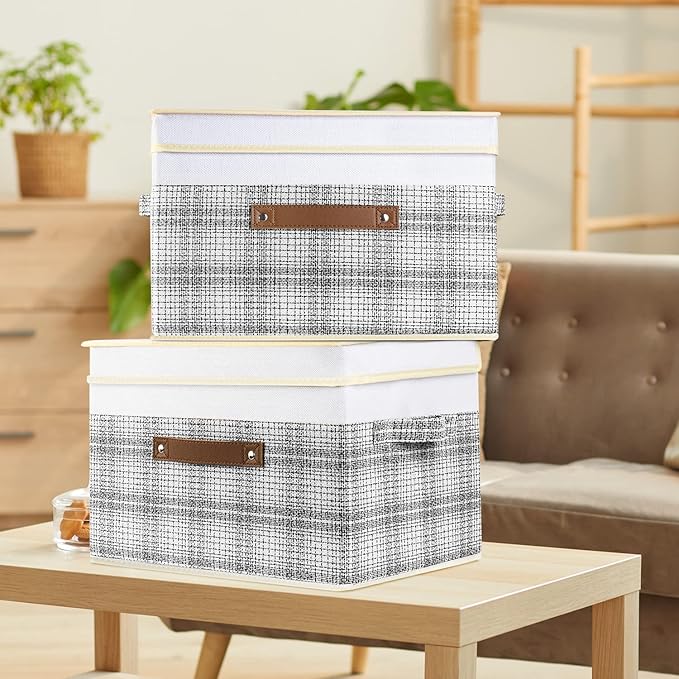 TYEERS Collapsible Storage Bins with Lids, Patchwork Design, Washable, Fabric Storage Boxes, 14.9x9.8x9.8 inches, 3 Pack, Gray