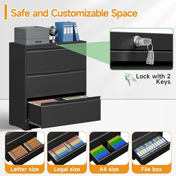 LONGLINK 3 Drawer Lateral File Cabinets with Lock,Metal Filing Cabinet for Home Office,Wide Office Storage Cabinet with Hanging Bars for A4 Legal/Letter Size(Easy Assembly)