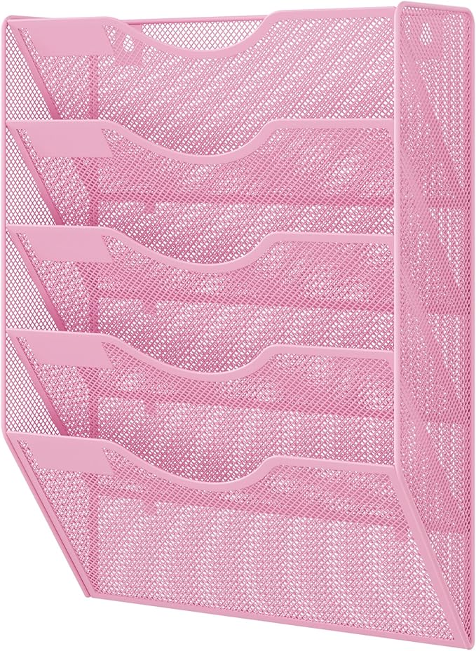 EasyPAG 5 Pocket Mesh Wall File Organizer, Hanging Paper Folder Holder with Classify Label, Vertical Wall Mount Mail Organizer for Office Home Classroom, Pink