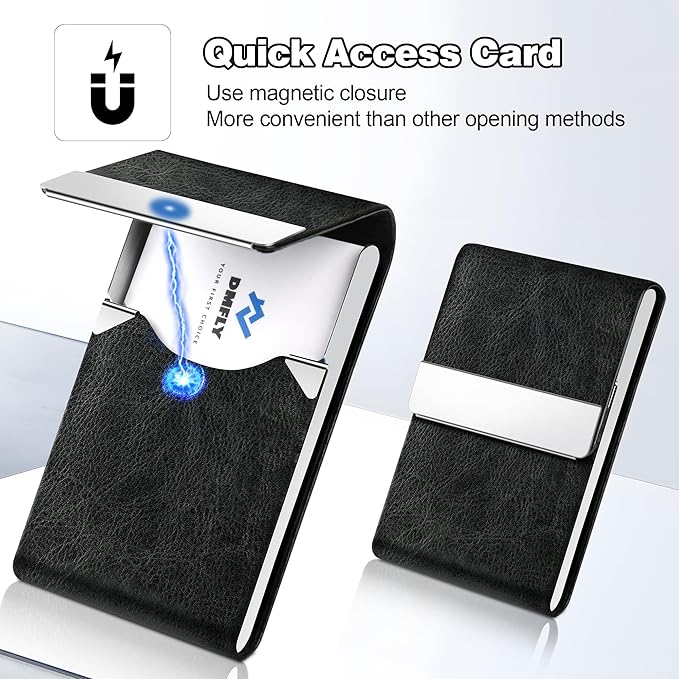DMFLY Business Card Holder for Women or Men, Business Card Case with PU Leather and Stainless Steel, Slim Metal Case with Magnetic Closure for Business Meeting Use