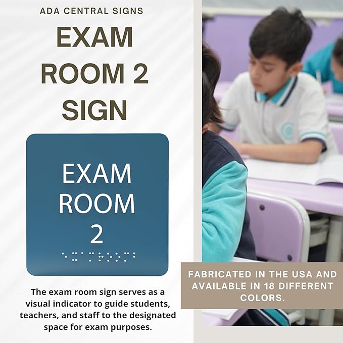 ADA CENTRAL SIGNS - 6" X6" Exam Room 2 Sign - ADA Compliant Tactile Graphics Grade 2 Braille Text Acrylic Wall Signs - Educational Institution Directional Assistance Test Center Door Sign for Schools