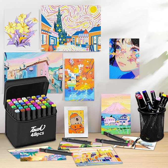 HOMESILMO 48 Color Alcohol Pen Set, Double Tip Art Adult Alcohol Pen, Mixed Sketching Art Supplies, Sketchbook, Coloring Drawing Card, Illustration Production, Brush Head and Chisel Head Double Tip