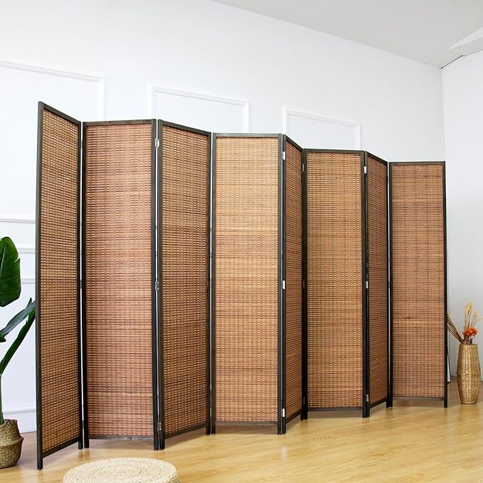 Furnnylane 8 Panel Bamboo Room Divider and Folding Panel Screen,Bamboo Panel Divider for Room Separation,Brown,67" H x 122.8" W
