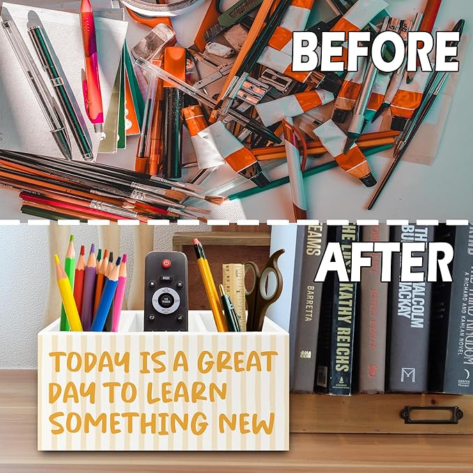 XPH Inspirational Pen Pencil Holder Organizer for Desk, Motivational Gifts for Women, Today Is a Great Day to Learn Something New Wooden Box Sign for Home Office Desk Tabletop Decorations
