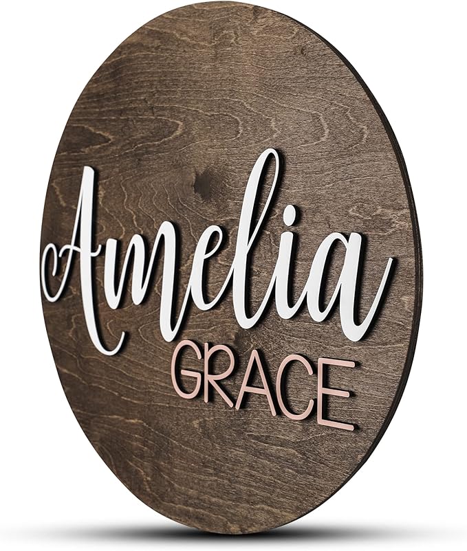 Custom Round Nursery Name Sign, Personalized Wooden Wall Plaque, 12" 18" 24", 30" 3D Wall Art for Children & Kids Rooms, Baby Shower, Hickory Hollow Designs (Amelia Grace)