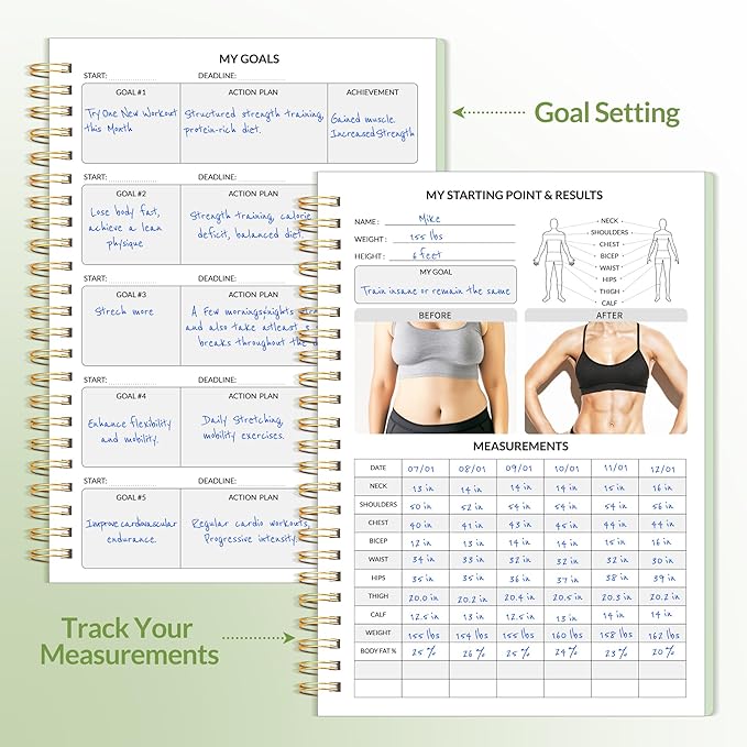 Fitness Journal Workout Planner for Women & Men, A5 (6.4" x 8.3") Workout Journal Log Book Planner Gift for Track Gym Essentials, Home Workouts, Track Progress, Achieve Wellness Goals, Green