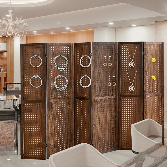 Aleesing 6 Panel Pegboard Display with 24 Hooks,Partition Room dividers, Wooden Room Divider Wall and Folding Privacy Screens, Pegboard Room Divider, Bedroom, Balcony, Dark Brown