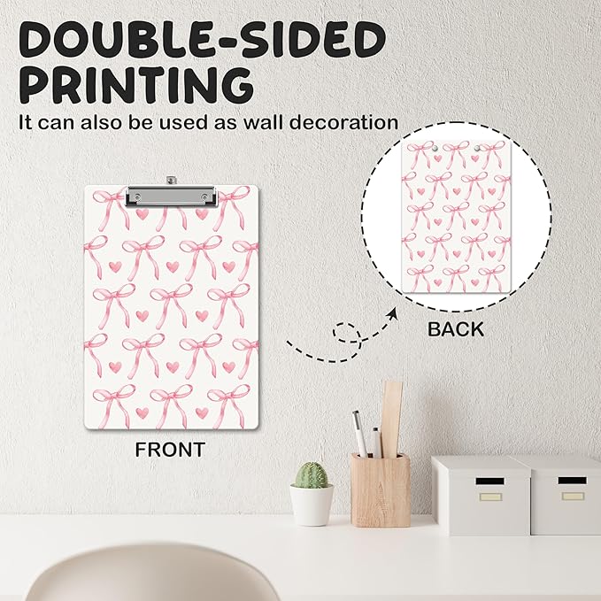APIILVPQ Pink Clipboard，Bow Clipboards with Low Profile Clip for Office School Use, Cute Gifts Wooden Clip Boards for Nurses Teachers Students - B08