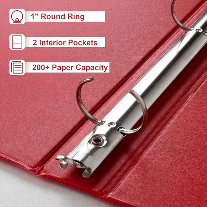 CIXILDTS 1-Inch Round Ring Binder, Standard 3 Ring Binder Fit Letter Size Paper, Presentation View Binders, 6-Pack, Red