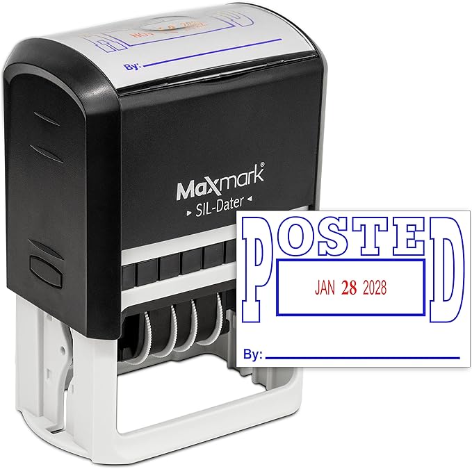 MaxMark Large Self-Inking Rubber Date Office Stamp with Posted Phrase & Date - Blue/Red Ink, 12-Year Band - Style 5