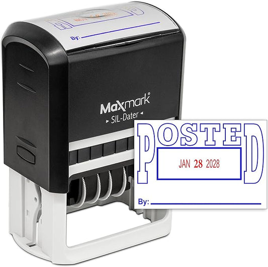 MaxMark Large Self-Inking Rubber Date Office Stamp with Posted Phrase & Date - Blue/Red Ink, 12-Year Band - Style 5