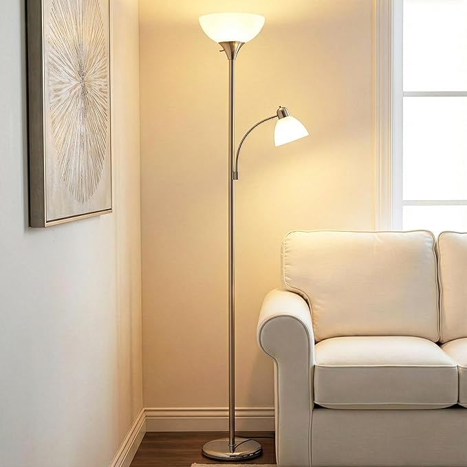 Brightech Sky Dome Plus LED Floor lamp, Torchiere Super Bright Floor Lamp with Reading Lamp for Living Rooms & Offices - Dimmable Tall Standing Lamp for Bedroom Reading - Silver