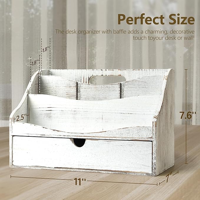 Pine Wood Mail Organizer for Desk - Charming Farmhouse Countertop Mail Sorter for Office Desk & Home Decor - Wooden Letter Organizer with Drawer & Dividers for Room Organization(Whitewash)