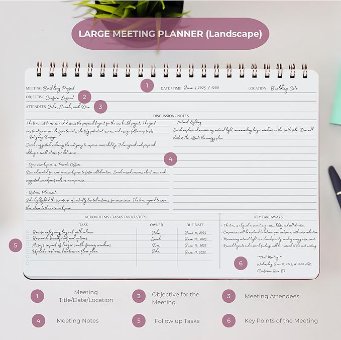 Merely Home | Meeting Notebook for Work | 8.25" x 11.75" | Project Planner | Simple Design | Multiple Layouts | Office and Business Planner (Evergreen, Meeting Planner - Landscape)