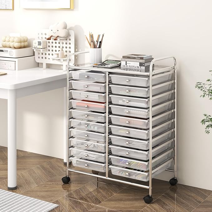 Happygrill 20-Drawer Organizer Cart Tools, Mobile Utility Storage Cart with Removable Drawers & Lockable Wheels, Rolling Storage Cart with wheels for Home Office School(White)