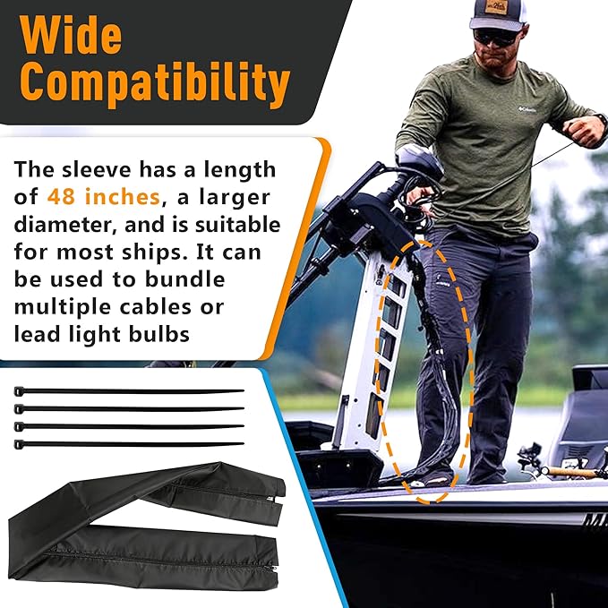 48 Inch Zippered Rigging Sleeve | Heavy Duty 600D Waterproof Marine Cable Organizer for Trolling Motor, Control Cables, Fuel Lines & Wires | Black with Cable Tie