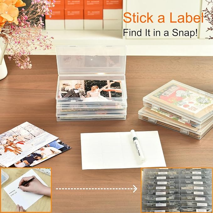 Photo Storage Box 5 x 7 Inches, 18 Inner Extra Large Photo Boxes with Dividers, Clear Acid-Free Photo Storage Containers with Handle, Photo Organizer Craft Keeper for Photo,Craft,Stamp,Sticker,Seed