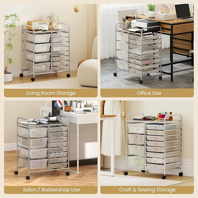 LDAILY 12 Drawer Rolling Storage Cart, Rolling Cart with Drawers for Classroom, Art Supply Craft Organizer on Wheel with Metal Frame & Handles for Home Office School (Clear, 12 Drawer Left-Right)