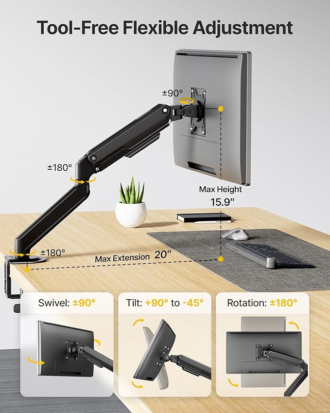 monTEK Single Monitor Arm Mount for 17-32 Inch Screens, Heavy Duty Steel Mechanical Spring Desk Monitor Stand, Full Motion Adjustable Monitor Arm with Clamp & Grommet, VESA 75/100, Holds up to 20lbs