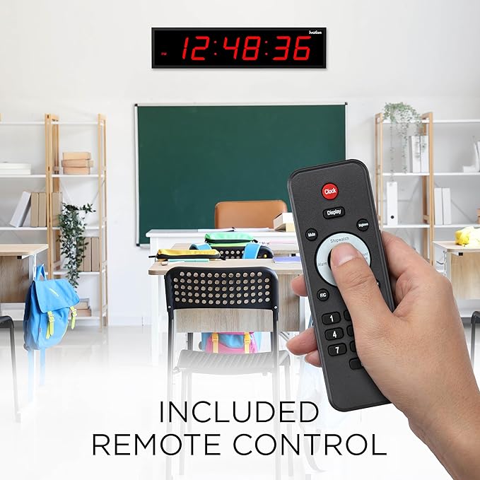 Ivation Huge Oversized 48" Large Digital LED Clock | Big Digital Clock w/Multi-Function Display – Stopwatch, Timer, Alarms, Temp & Date | 6 Brightness Levels, Time Memory & Remote (Red)