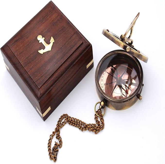 Captain's Brass Sundial Compass – Vintage Marine Nautical Compass, Functional Navigation Tool for Camping, Hiking, Outdoor Adventures, Collectible Gift for Men