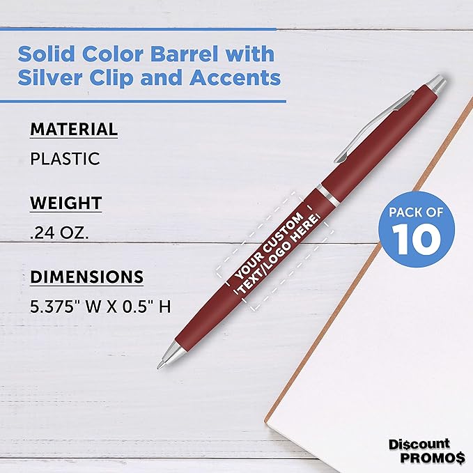 DISCOUNT PROMOS Custom Langham Ballpoint Pens Set of 10, Personalized Bulk Pack - Black Ink, Great for Office, School, Business, Tradeshows - Burgundy