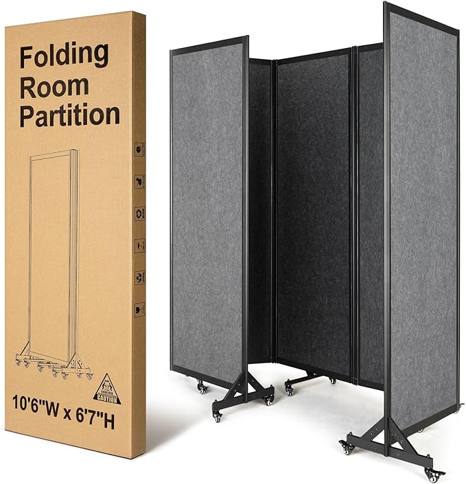 Strongbird Room Partition,Folding Privacy Divider,Office Partition Dividers,Office Dividers Wall, 10'6"W x 6'7"H,Light Grey