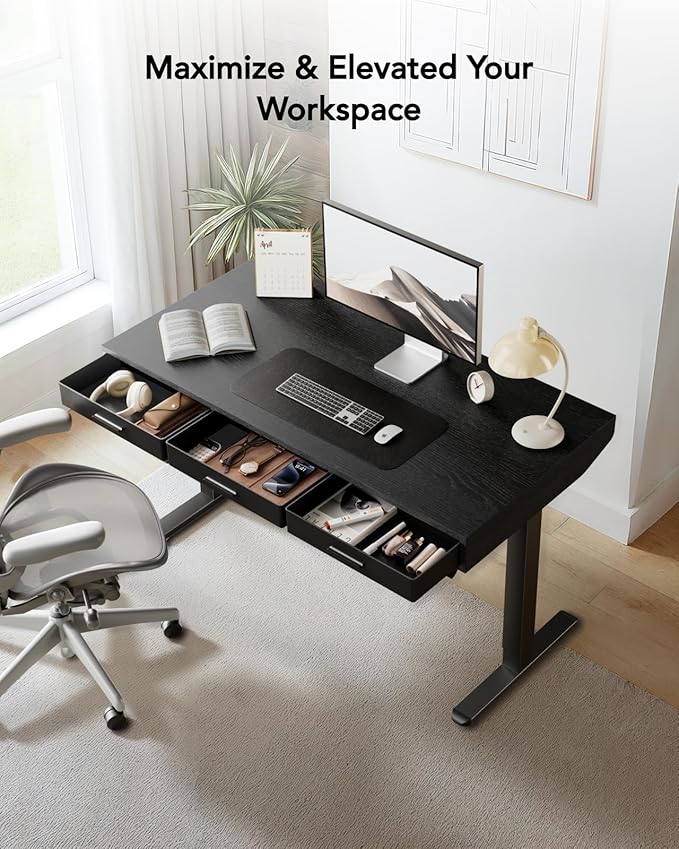 HUANUO Electric Standing Desk with Drawers, C-Clamp Mount Compatible, 48 x 24 Inch Height Adjustable Sit Stand Desk, Fabric Drawers, Home Office Stand Up Desk with 4 Custom Height Settings, Black